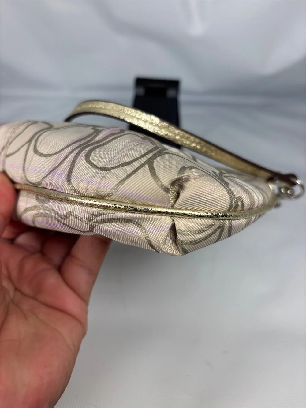 Coach Metallic Logo Wristlet in Beige and Gold